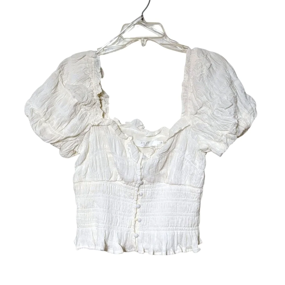 Astr The Label Anza White Puff Sleeve Smocked Milkmaid Peasant Top Large NWOT